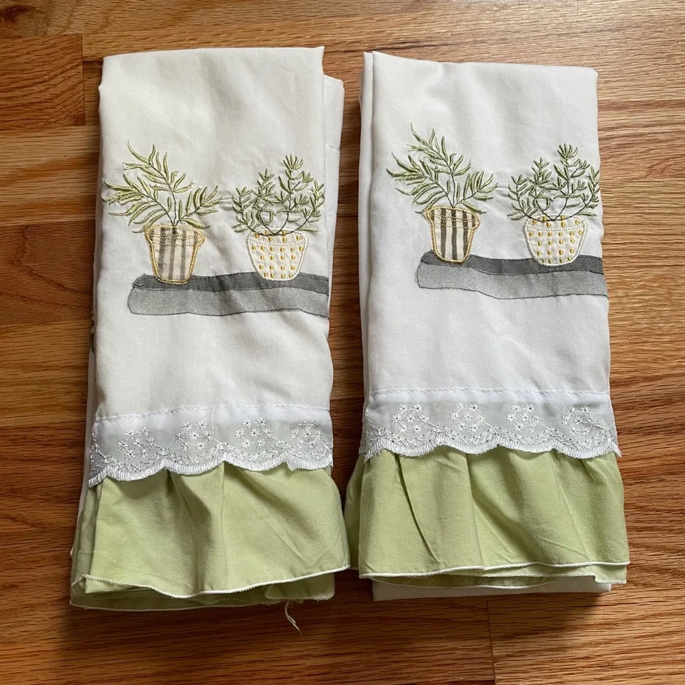 Vintage pair of green/white curtains, 35” length